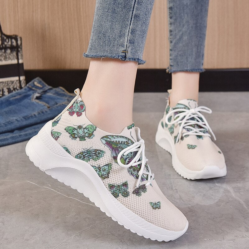 Geumxl Butterflies Print Knitted Sneakers for Women Breathable Platform Loafers Shoes Woman Outdoor Casual Non-Slip Sports Shoes Ladies