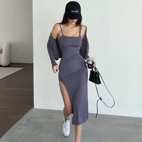 Geumxl Spaghetti Strap Dresses and cardigan for Women Summer Sexy Sleeveless Split Sheath Dress Solid Color Bodycon Dress SS039