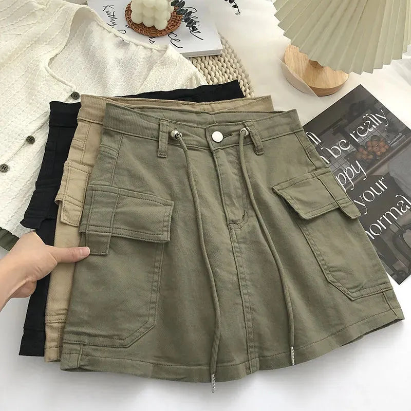 Geumxl Mini Denim Skirts Women Summer 2023 Army Green Multi Pockets Streetwear Skirt Drawstring High Waist Mini Skirts Woman