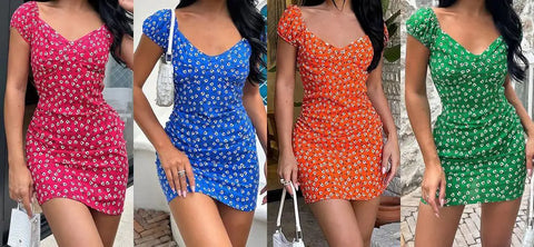 Geumxl--hoco dresses Woman Summer Elegant Slim Fit Short V-Neck Floral Mini Dress Fashion Lady Sexy Robes New Style Versatile Casual Printed Dress