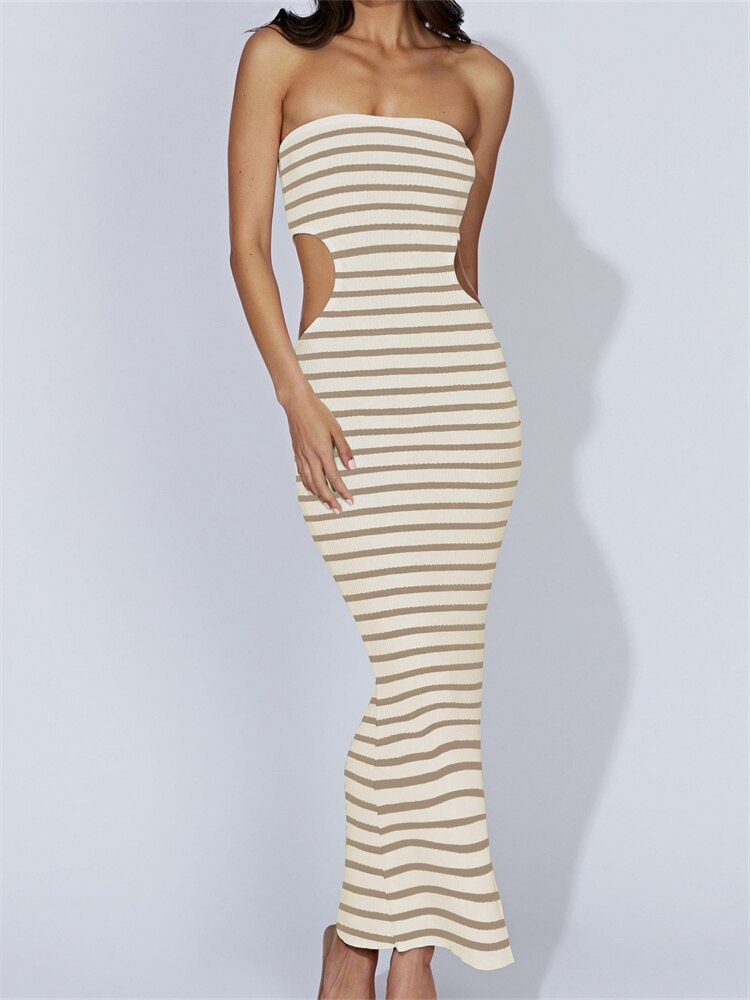 Geumxl Women Tube Dress Strapless Off Shoulder Cutout Solid Color/Striped Print Knitted Long Dress Summer Beach Vestido 2023