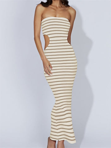 Geumxl Women Tube Dress Strapless Off Shoulder Cutout Solid Color/Striped Print Knitted Long Dress Summer Beach Vestido 2023