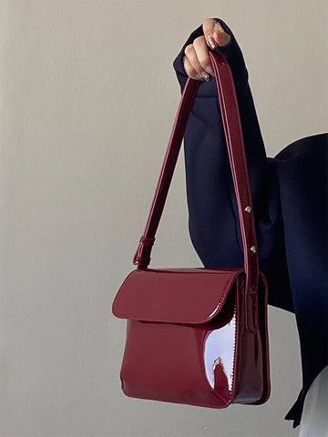 Geumxl Wine Red PU Underarm Bag 2023 New Women's Vintage Lacquer Leather Shiny Buckle Single Shoulder Bag Luxury Elegant Crossbody Bag