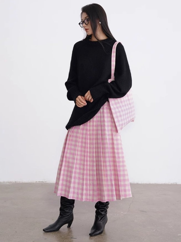 Geumxl Pink Plaid Long Skirt Women Korean Fashion Vintage High Waist A-line Loose Pleated Skirt for Girls Casual Y2k Autumn
