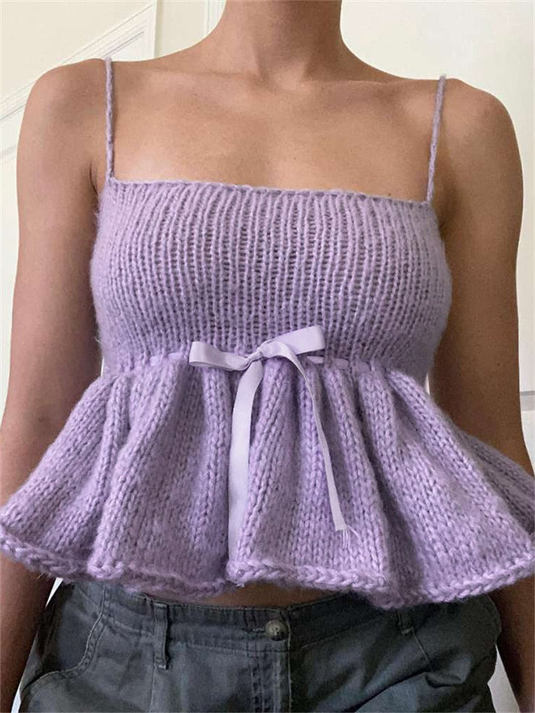 Geumxl Women Summer Autumn Knitted Camisole Tops Sleeveless Backless Bow Knitwear Mini Vest Tops Streetwear 2023 Tie-up Tank