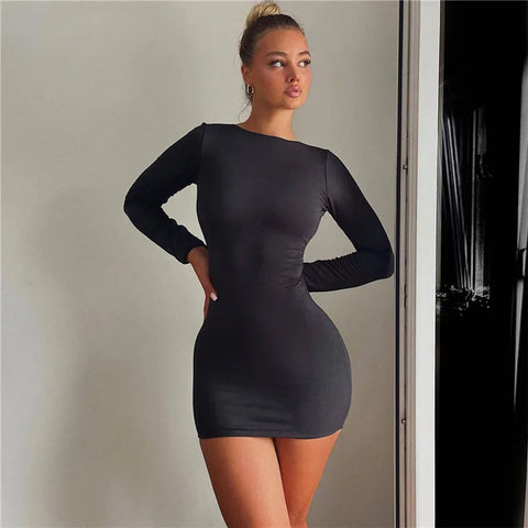 Geumxl-hoco dresses  Autumn Fashion Sexy Open Back Solid Slinky Mini Dress Club Party Outfits Long Sleeve Round Neck Bodycon Dresses