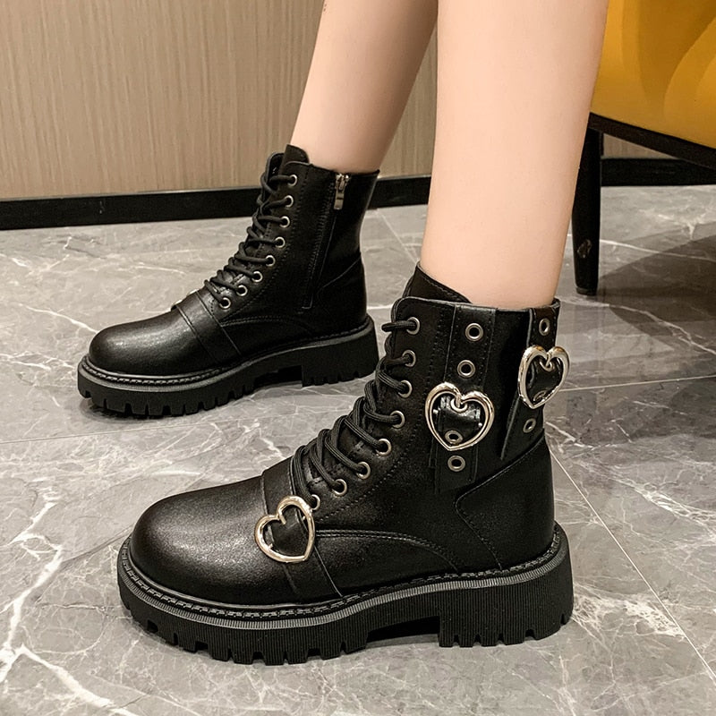 Geumxl Lovely Heart Buckle Ankle Boots Women Autumn 2023 New Non-Slip Pu Leather Short Boots Woman Comfort Med Heels Combat Botas Mujer