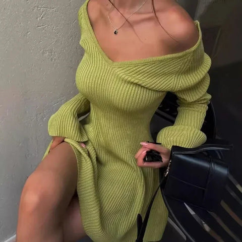 Geumxl-hoco dresses -Talenza Knitted Off Shoulder V Neck Mini Dress Women's Sexy High Waist Long Sleeve Dress White Knitted Sweater Dress Robe Women