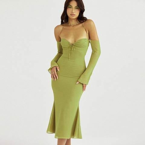 Geumxl Summer Women Strapless Sexy Dress Lady Sexy Long Sleeve Backless Solid Color Party Club Sheath Dress Vestidos SS194