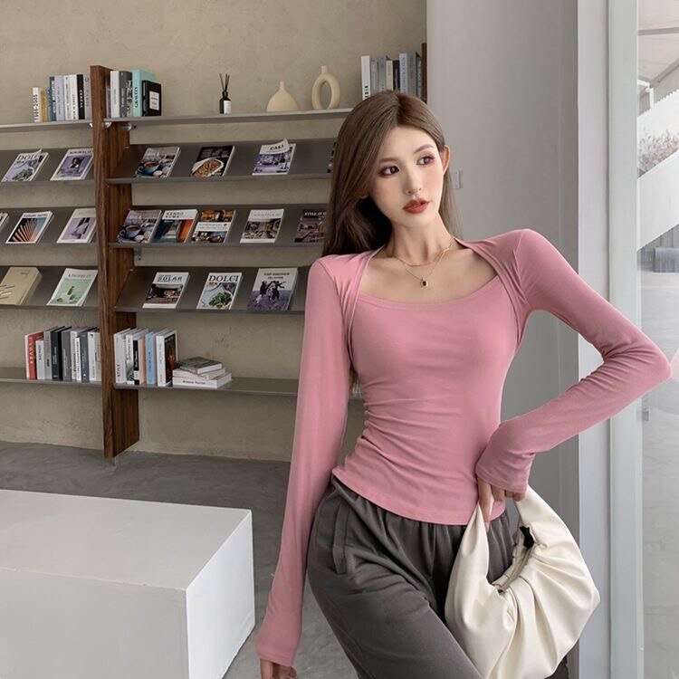Geumxl Woman's Clothing Spring Autumn Style Basic T-Shirts Tops Lady Slim Long Sleeve Square Collar Sheath Tops SS042