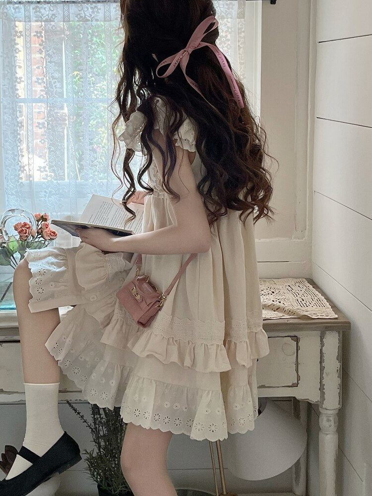 Geumxl 2023 Summer Japanese Style Lolita Kawaii Mini Dress Female Korean Ruched Fairy Dress Women's Flying Sleeve Sweet Cute Dress