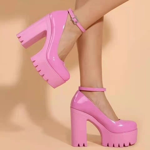 Geumxl 2023 Pink Patent Leather Women Shoes Gothic Chunky Platform Pumps Woman Round Toe Ankle Strap High Heels Punk Shoes for Female