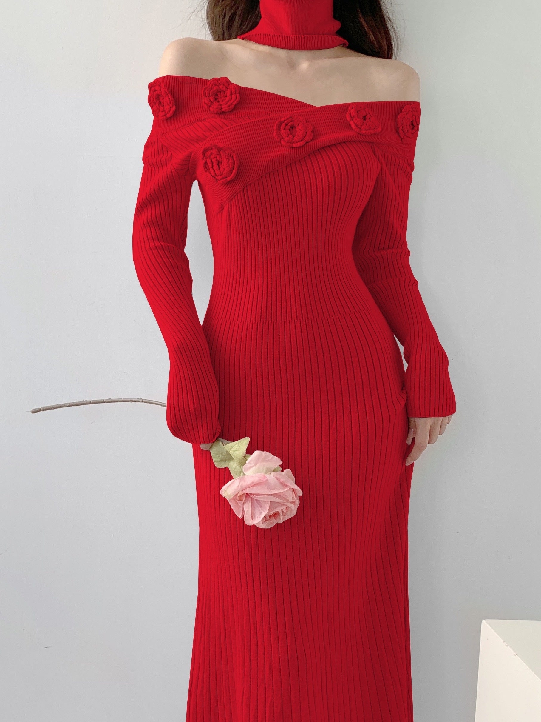 Vzyzv Ribbed Floral Decor Dress, Elegant Long Sleeve Bodycon Midi Dress, Women's Clothing
