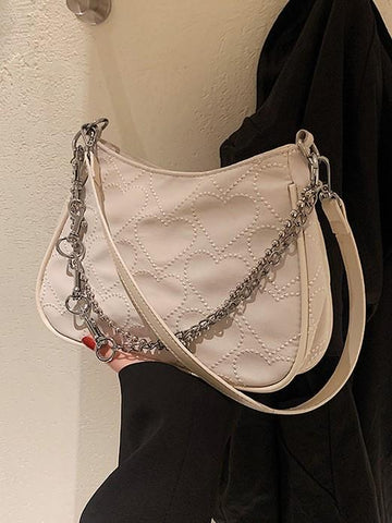 Heart Embroidery Chain Decor Zipper Bag
