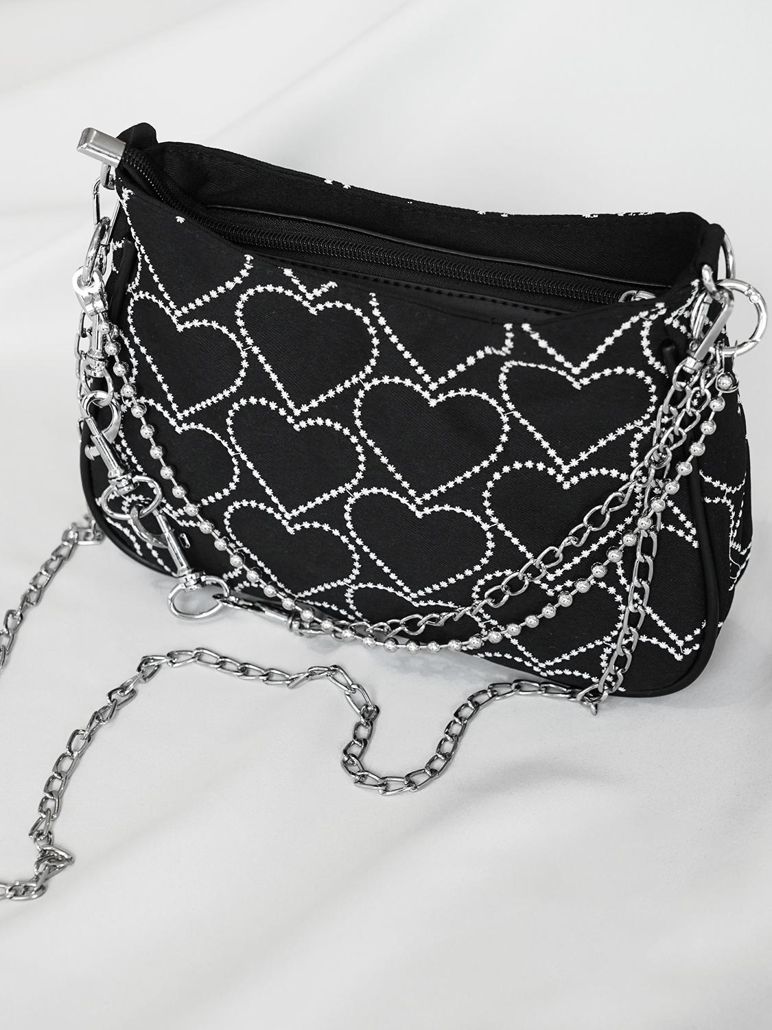 Heart Embroidery Chain Decor Zipper Bag