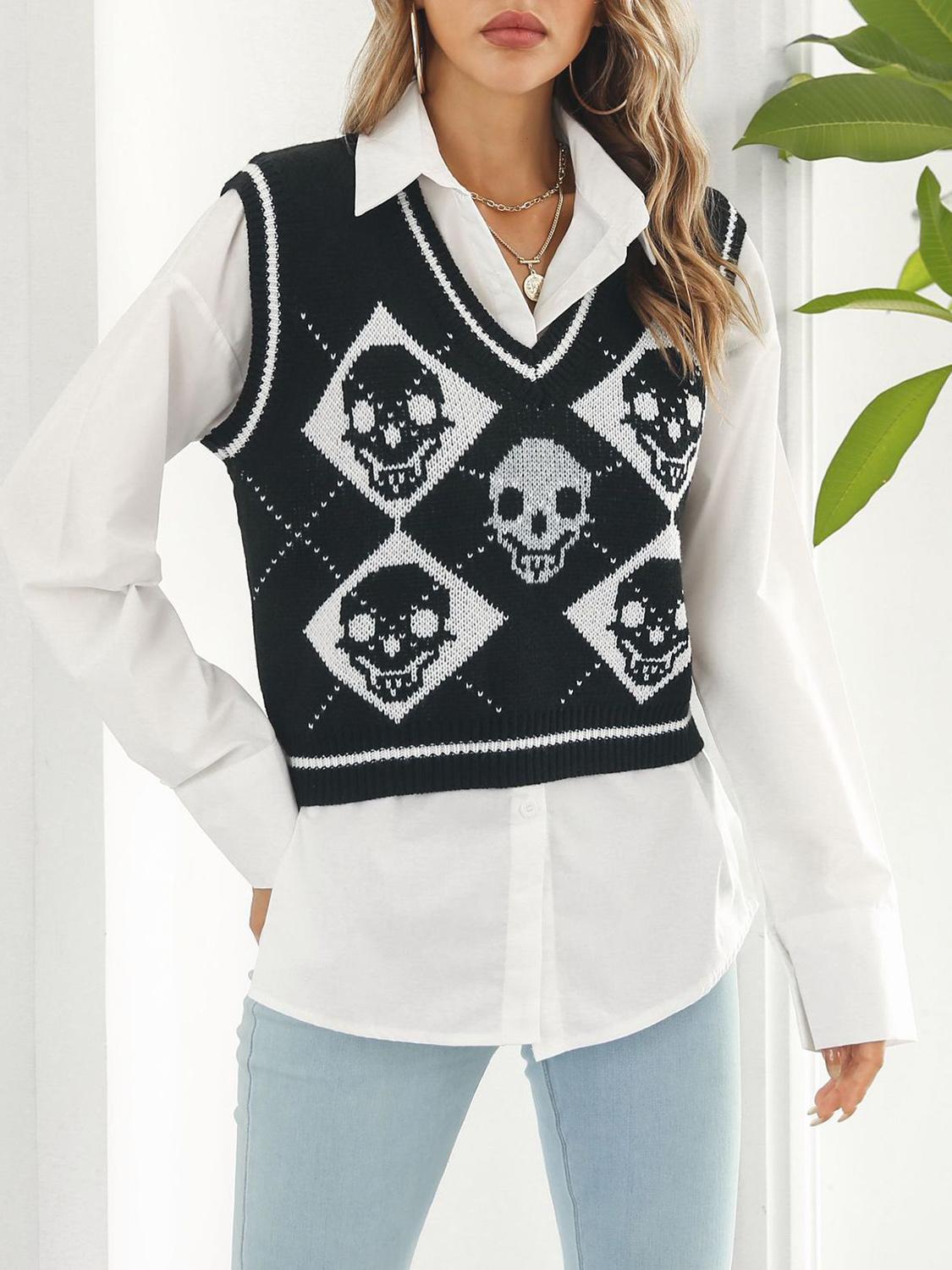 Geumxl Skull Print Fashion Casual Knit Vest