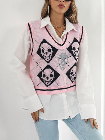 Geumxl Skull Print Fashion Casual Knit Vest