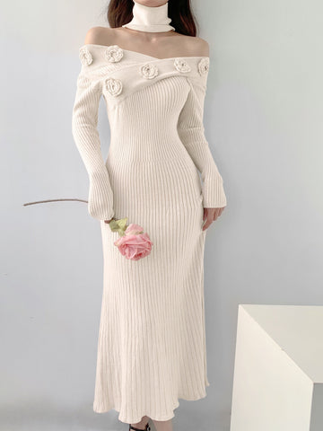 Vzyzv Ribbed Floral Decor Dress, Elegant Long Sleeve Bodycon Midi Dress, Women's Clothing