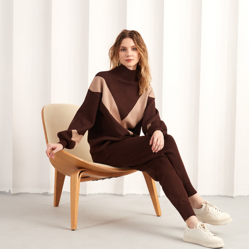 Geumxl Knitted Tracksuit Two Piece Women Winter Casual Sport Outfits Turtleneck Sweater Pants Suit 2 Piece Matching Sets For Women 2022