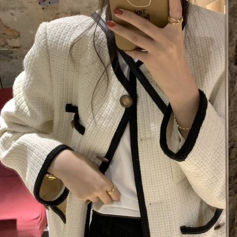 Korean Female White Tweed Basic Jacket Coat Women Clothing Outerwear Coats Channel Style Za Suit Cropped Stripeed Kawaii Channel