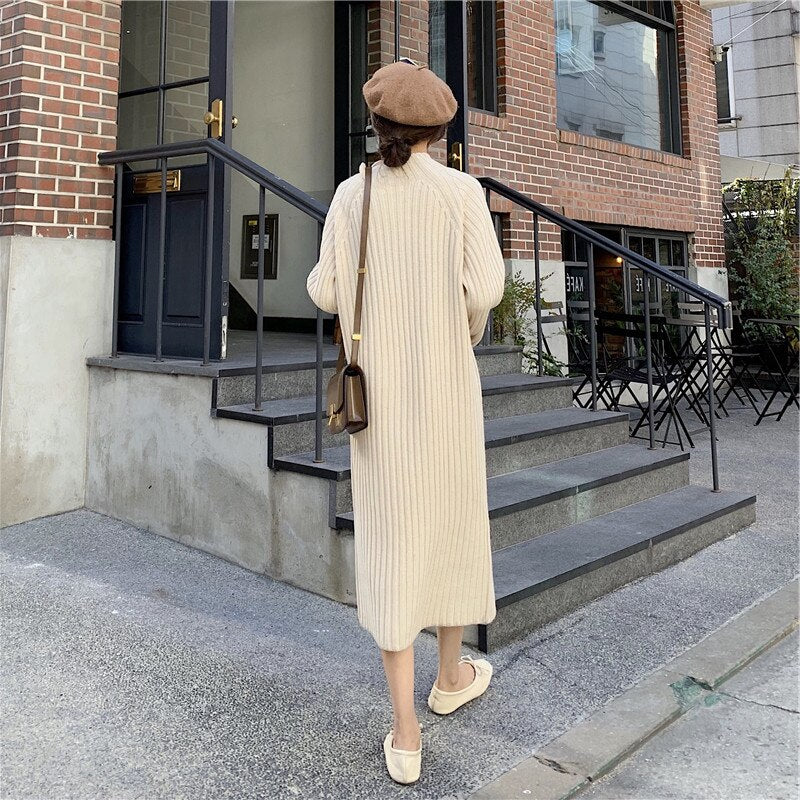 Geumxl Vintage Long Dress For Women Thicken Sweater Turtleneck Long Sleeve Elegant Solid Slim Knitted Dresses Pullovers Winter 2022