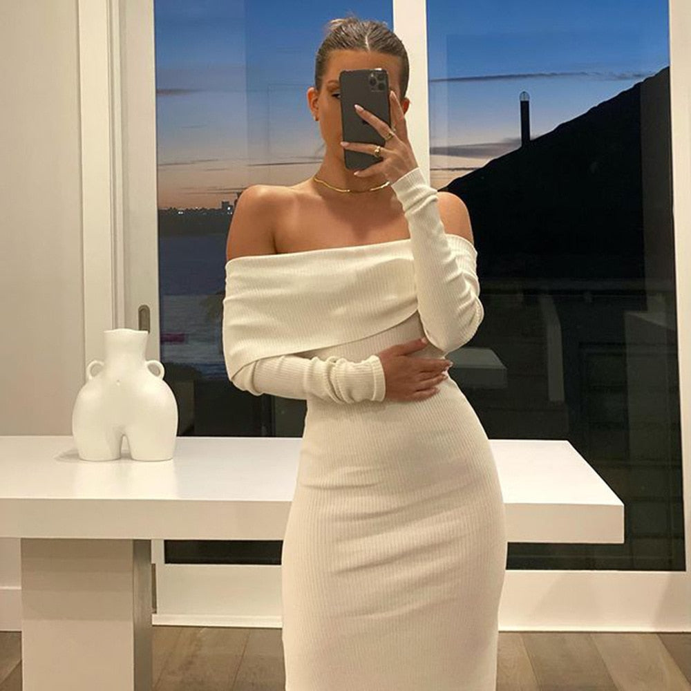 Geumxl Elegant White Knitted Off Shoulder Maxi Dress Outfits for Women Autumn Backless Long Sleeve Solid Dresses Vestidos