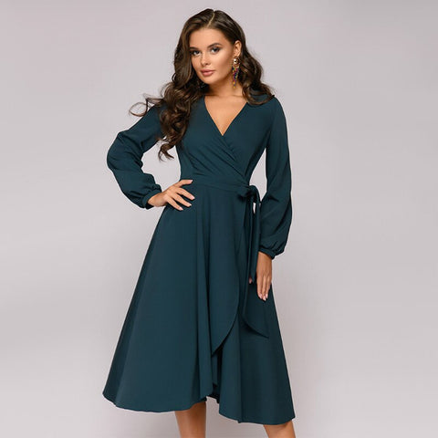 Geumxl Christmas Gift Women Vintage Sashes A-Line Party Dress Long Sleeve V Neck Solid Elegant Casual Beach Dress 2023 Summer New Fashion Dress