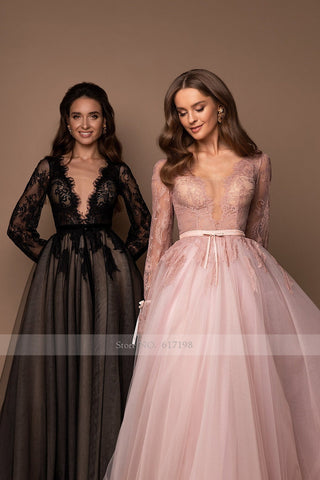 Graduation gifts  Sexy V-Neck Lace Appliques Long Sleeve Belt Tulle A-line Zipper Prom Dresses 2022 Women Formal Evening Gowns robes de soirée