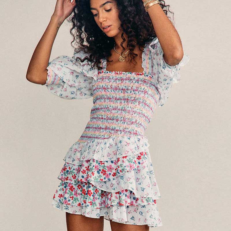 Geumxl Inspired mixed floral prints ruffled party dress puff sleeve square neck smocked sexy laides dress mini chic summer dress