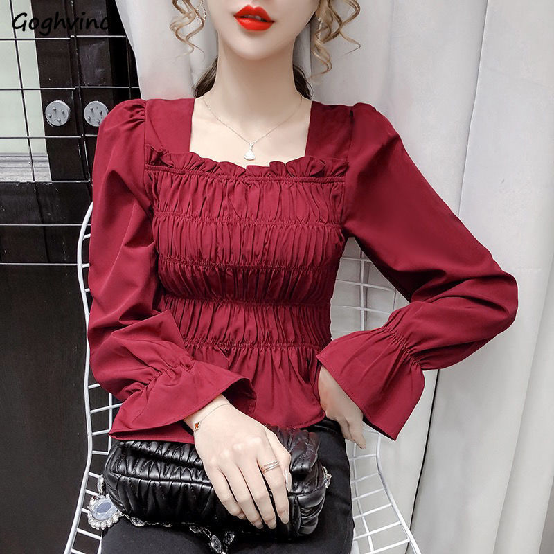 Graduation gifts Women Blouses Pleated Front Solid Flare Sleeve Square Collar Elegant Shirts Korean Style Fashion Fit Pullover Female Tops Simple
