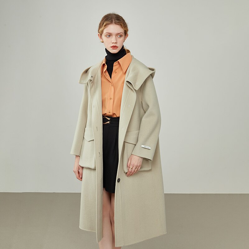 Geumxl Women's Winter Hooded Big Pocket Double-Sided Woolen Coat Women Beige Straight Single-Breasted Orange Cashmere Coats