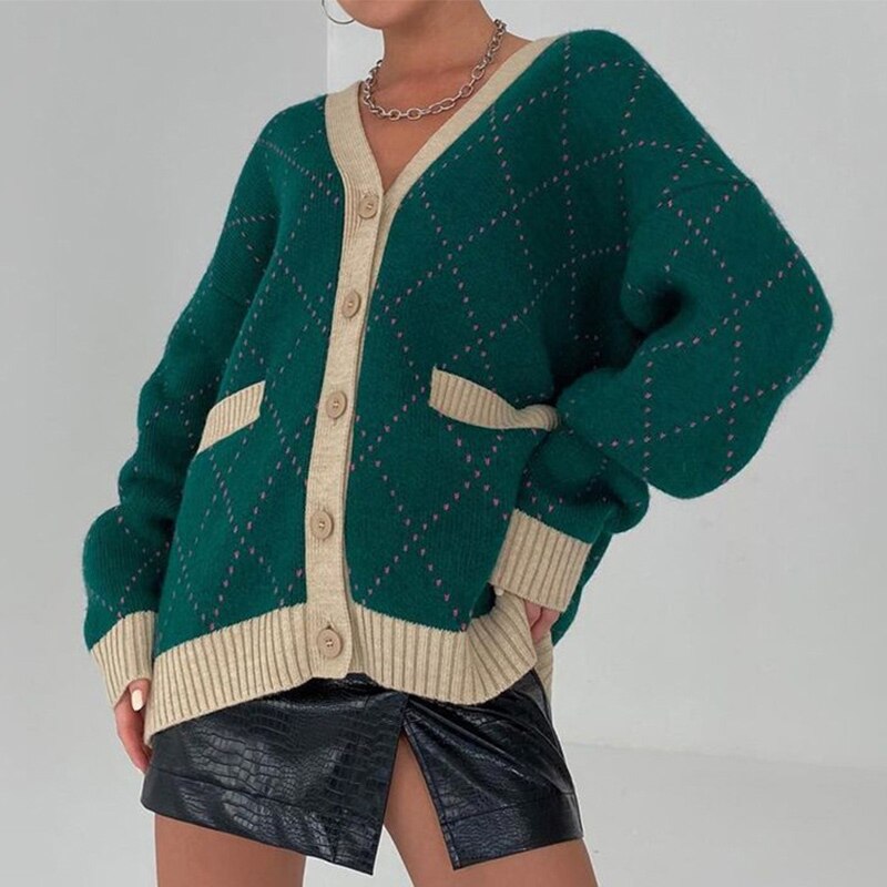 Plaid Knitted Cardigan For Women Pocket V-Neck Autumn Loose Casual Oversized Sweater Female Y2K Vintage 2021 New Warm Lady Tops