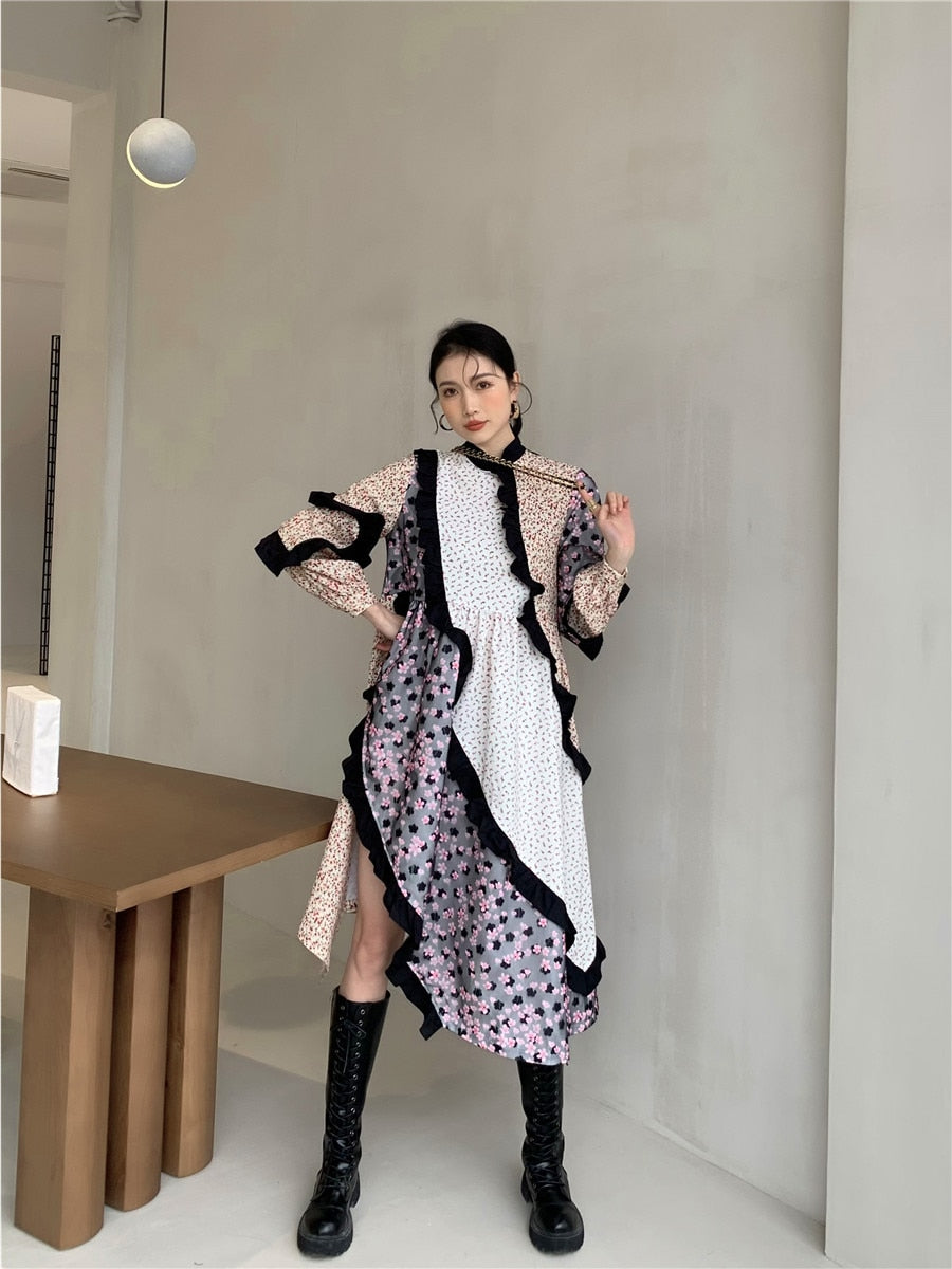 Geumxl 2022 New Spring Dress Women Long Sleeve  Patchwork Printed Flower Dresses Ladies Party Clothes 2A3301