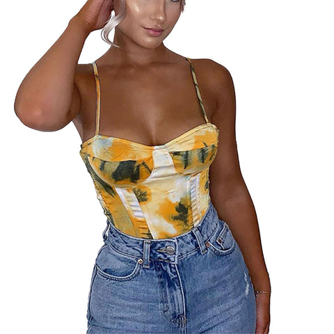 Geumxl Tie-Dye Printed Sleeveless Tank Top Women Summer Sexy Backless Low-Cut Camisole Casual Spaghetti Strap Slim Fit Camis