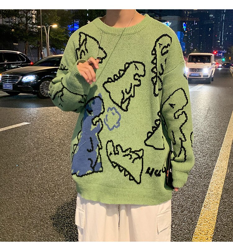 Geumxl Christmas Gift Oversize Green Sweater Women Fashion Y2K Dinosaur Printed Top Harajuku 90S Knit Sweater Loose Casual Pullover Winter Jumper