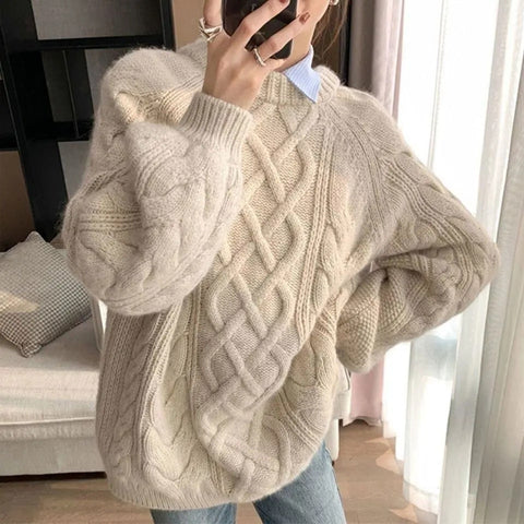 Geumxl Vintage Sweater Women Loose Long Sleeve Retro Ladies Twisted Thin Sweater All-Match Holiday Daily Sweet Femme Knitwear Pullovers