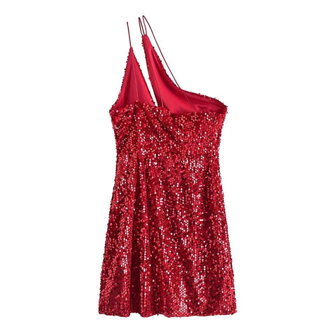 Geumxl-hoco dresses  2024 Summer Women Elegant Vintage Sexy Red Velvet Sequins Dress Female Casual Inclined Shoulder Party Slim Mini Dresses