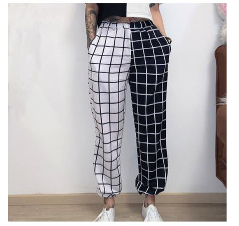 Geumxl New Styles Black White Plaid Patchwork Women's Jogger Pants Cargo Pants Hight Waist Straight Long Trousers Sprots Pant Casual