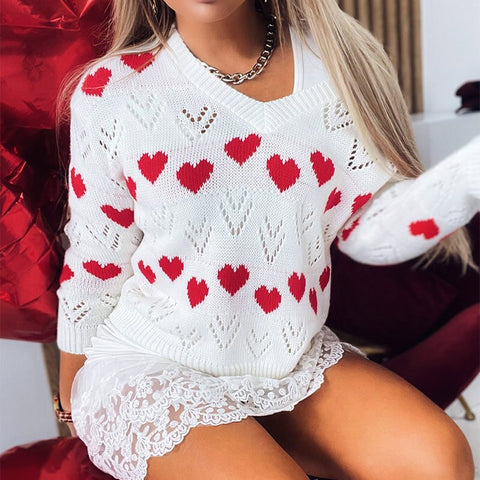 Heart Print Knitted Women's Sweater Hollow Out V-neck Long Sleeve Ladies Sweaters Casual Sexy 2021 Autumn Female Pullover Top