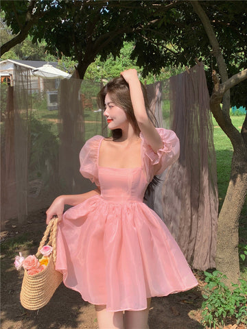 Geumxl Woman Sweet Pink Fairy Dress 2022 Summer Vintage Elegant Square Collar Puff Sleeve Ball Gown Robe Korean Mini Princess Vestidos xj0809