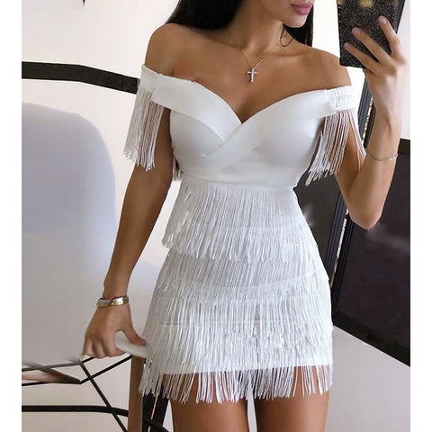 Sexy Short Sleeve Bodycon Mini Dress Women White Off Shoulder Tassel Female Short Dresses 2022 Party Club Bandage Vestidos