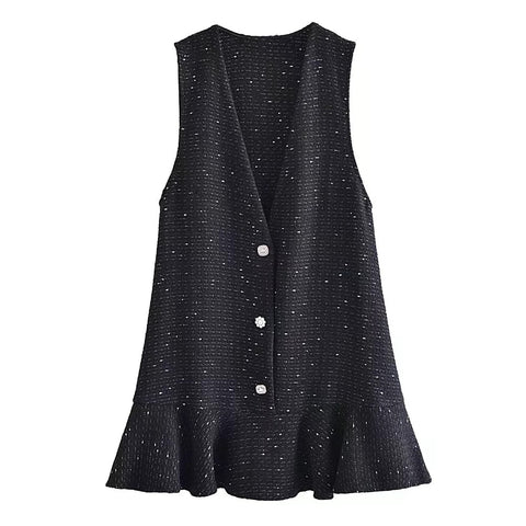 Geumxl--hoco dresses  Women Summer  2024 Women Tweed Black Plaid Vintage Casual Sweet Dress Female Fashion Office Lady Slim V Neck Sleeveless Mini Dresses