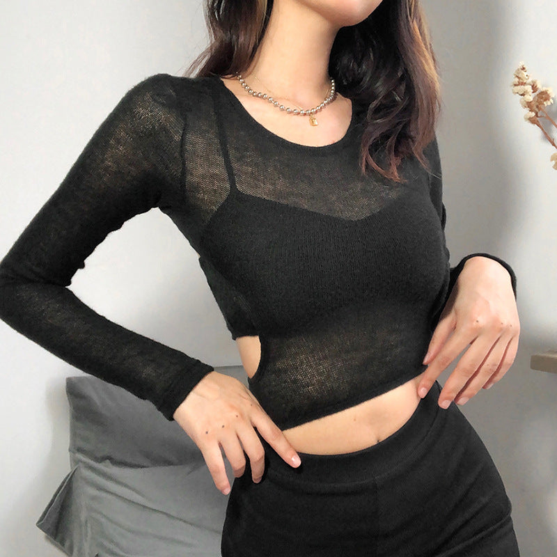 Geumxl Yarn Farbic Inside Camiso+Crop Tees Matching Outfit Women Autumn Sexy Little See Through Tops Suit Solid Concise Clothing