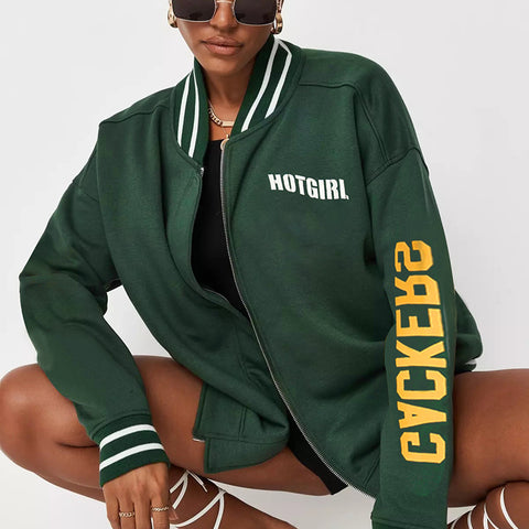 Green Letter Print Women College Jacket Patchwork Spring Harajuku Casual Outerwear Daily Loose Zipper Baseball Jacket