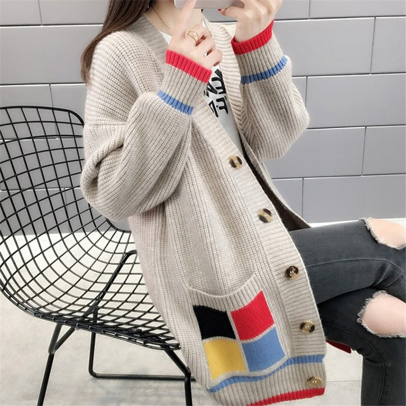 Geumxl Geometry Splice Knitted Cardigan Sweater Women Autumn Winter Pocket Button Coat Ladies Casual Warm Soft Female Clothing