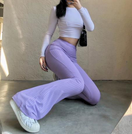 Geumxl Spring Summer Elegant Slim Knitted Ribbed Flare Pants Casual High Waist Trousers Vintage Bottoms Laides Purple Sweatpants