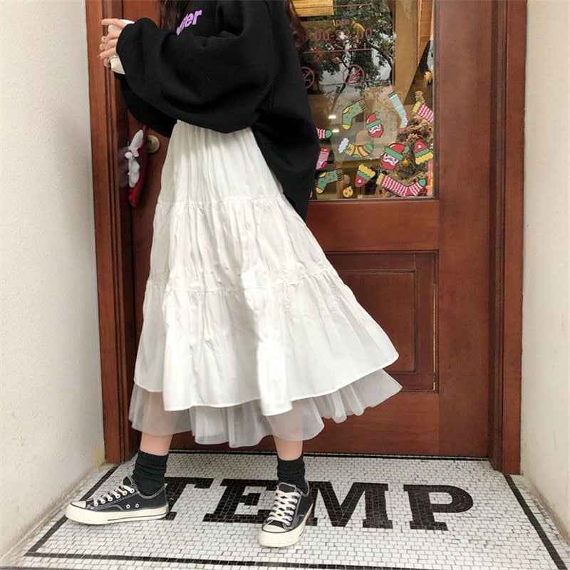 Long Tulle Midi Skirts Womens 2022 Autumn Elastic High Waist Mesh Tutu Pleated Skirts Female Black White Long Skirt Streetwear