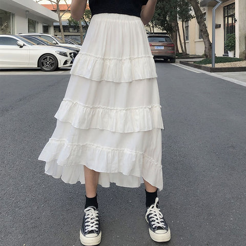 Midi Long Skirts Womens Maxi Skirt Goth Lolita Summer High Waisted Asymmetrical High Low Ruched Ruffle Skirts rok