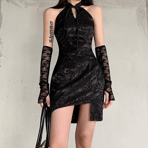 Geumxl-hoco dresses  2024 Graduation party  Gothic Halter Black Dresses Women High Waist Emo Alt Clothes Vintage Hollow Out Bodycon Dress Sexy Evening Wear Cheongsam