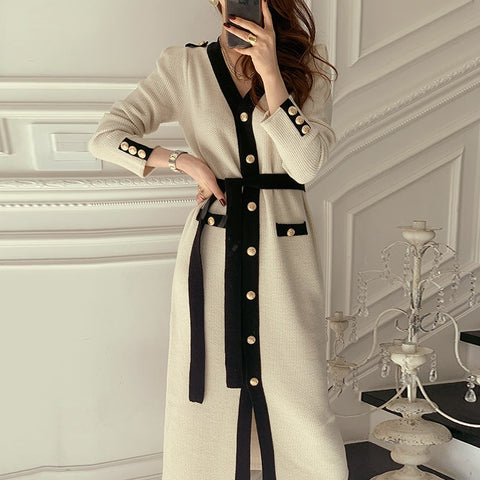 Geumxl Vintage Korean Chic French Office Lady V-Neck Dresses For Women Party Single Breasted Tie Waist Cardigan Knitting Woman Dress